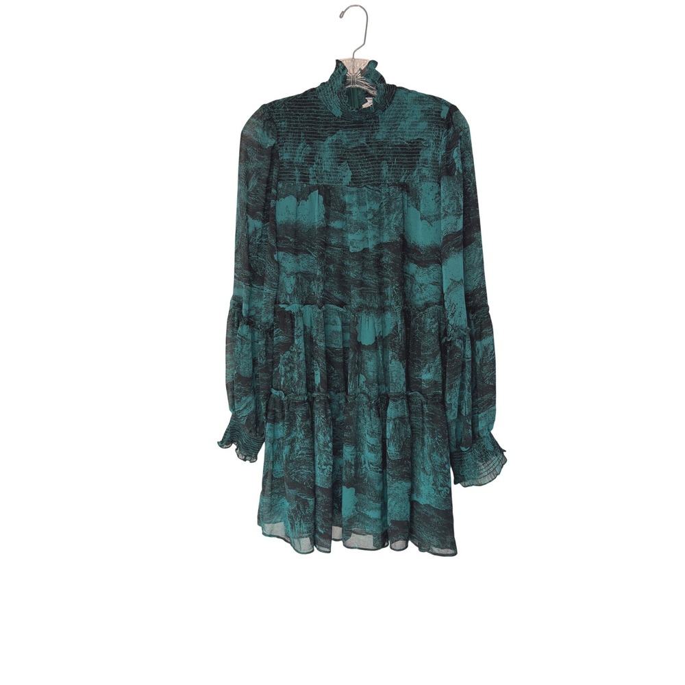 Elan Dress Green Black Smocked Mock Neck Long Sleeve Tiered Relaxed Medium